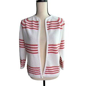 Talbott Cardigan White Stripes Tan Pink Eye Hook Closure Medium